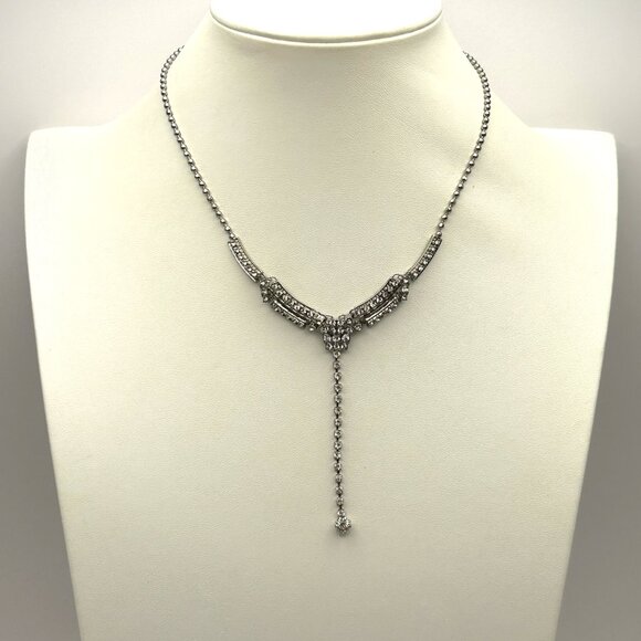 KL Silver Tone Rhinestone Y Drop Adjustable Necklace Evening Bridal - Picture 7 of 12